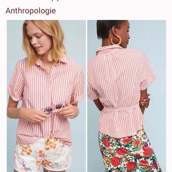 Anthropologie Pink Isabella Sinclair Striped Short Sleeve Button Up Shirt Size S - Picture 1 of 4